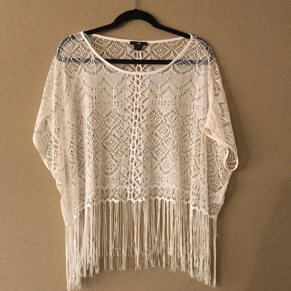 H&M White Crochet Fringe Kimono Top